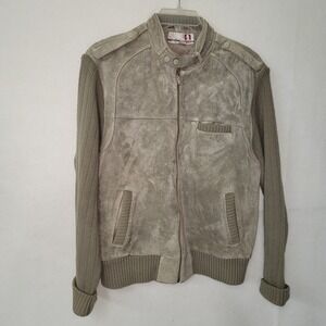Classic Directions Men Suede Knit Bomber Jacket XL Olive Beige Distressed Zip Up